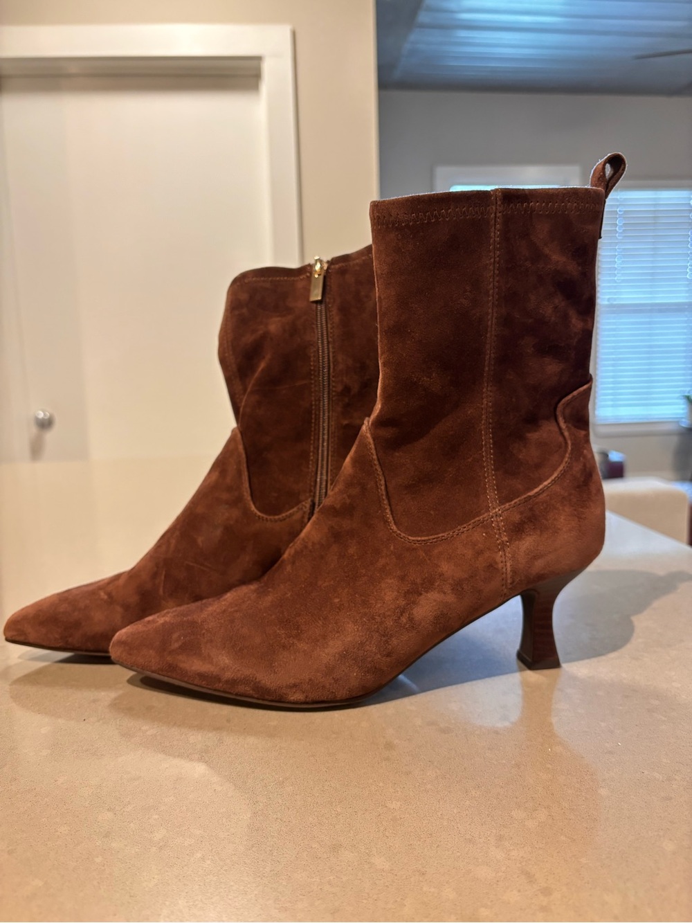 Tahari Chestnut Suede Pointed-Toe Kitten Heel Ankle Boots